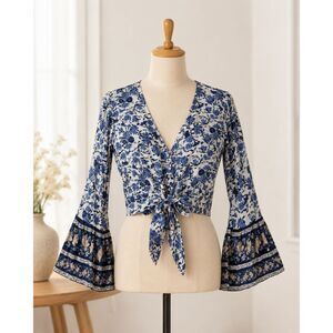 American Eagle Floral Tie Front Blouse Womens XS Bell Sleeve Boho Blue